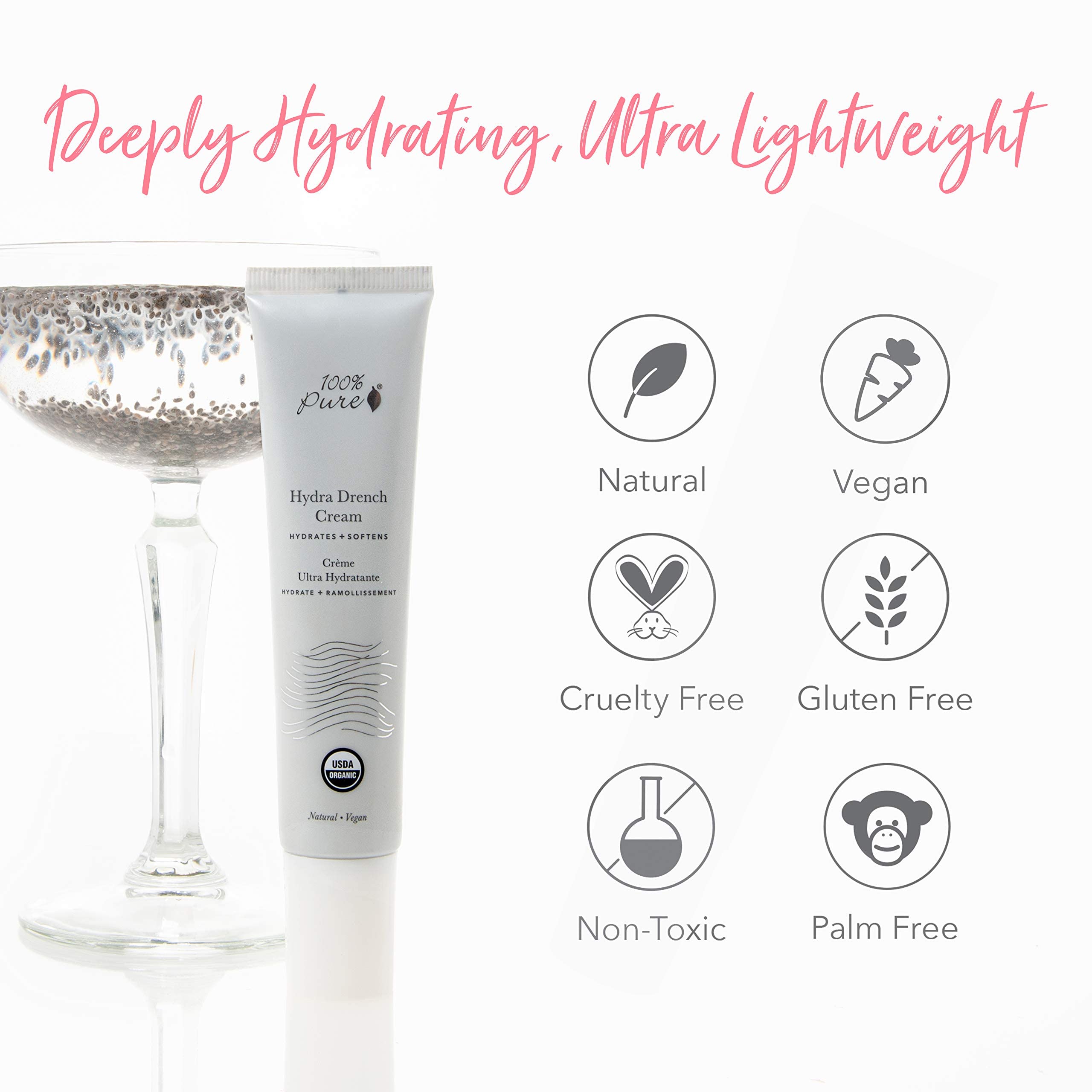 Gel de chia biologique et huile nourrissent la peau avec Hydra Drench.