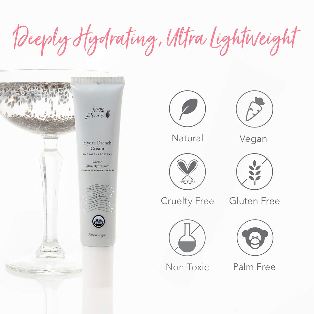 Gel de chia biologique et huile nourrissent la peau avec Hydra Drench.