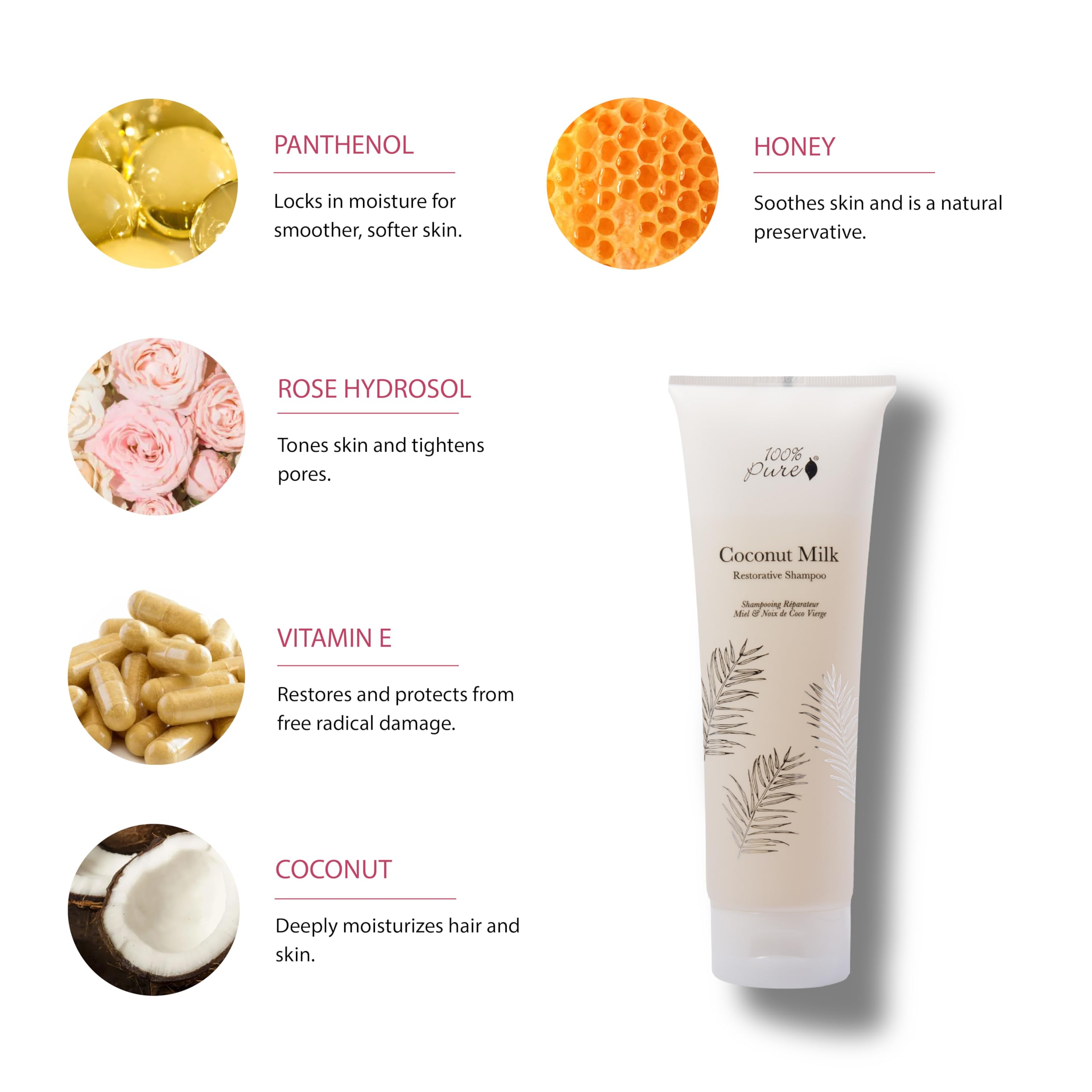 100% PURE Ingrédients coco et aloès – extraits nourrissants pour les cheveux.