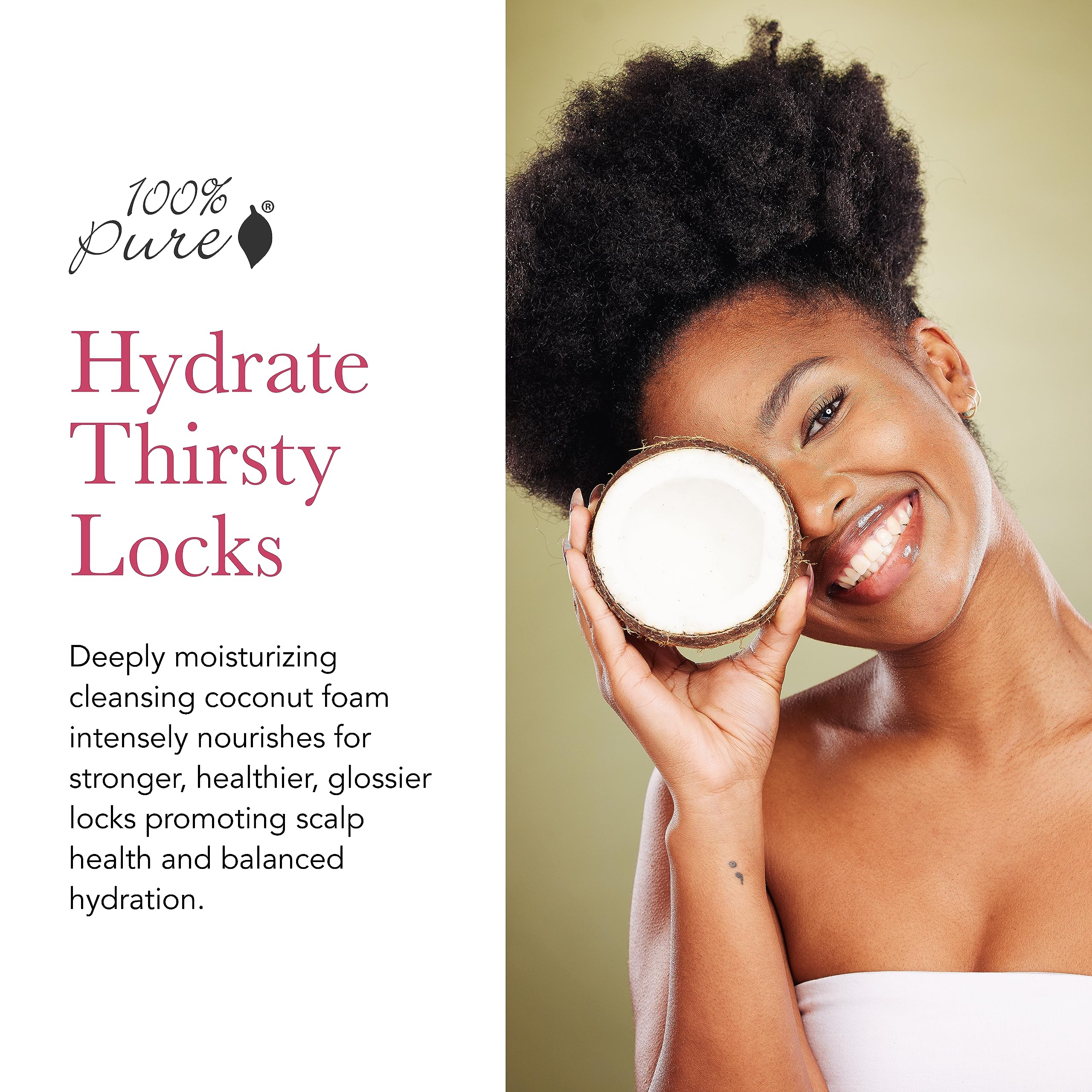 100% PURE Mousse-shampoing coco – application facile pour démêler et hydrater les cheveux.