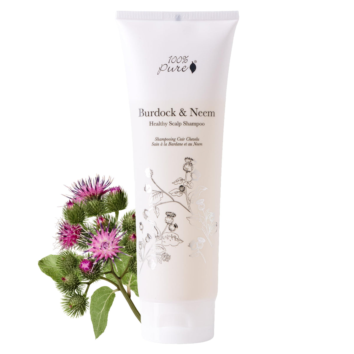 Bouteille 100% PURE Burdock & Neem prête à revitaliser le cuir chevelu.