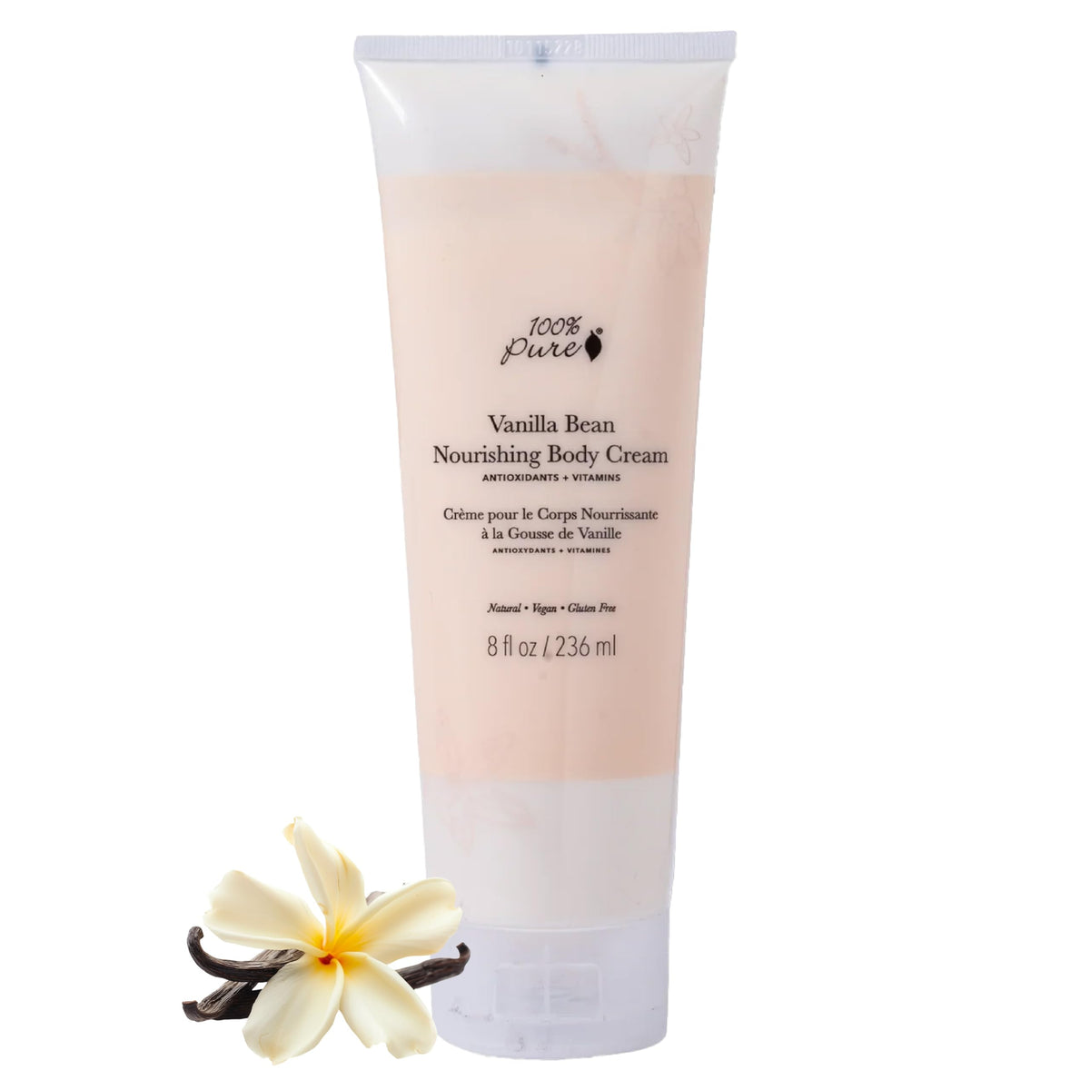 Crème corporelle 100% PURE vanille en bouteille, hydratation luxueuse.