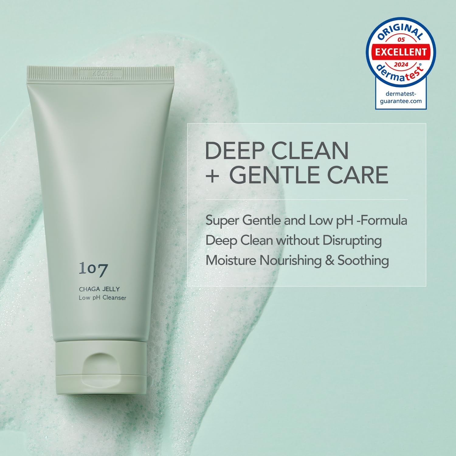 107 Nettoyant Gel Doux – étiquette soignée révèle une formule fermentée bénéfique.