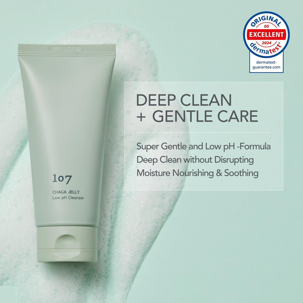 107 Nettoyant Gel Doux – étiquette soignée révèle une formule fermentée bénéfique.