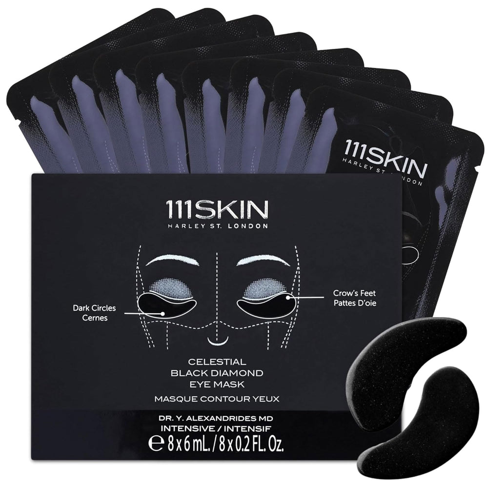 Masque Yeux Diamant Noir 111SKIN en hydrogel, emballage prêt à l’emploi autour des yeux.