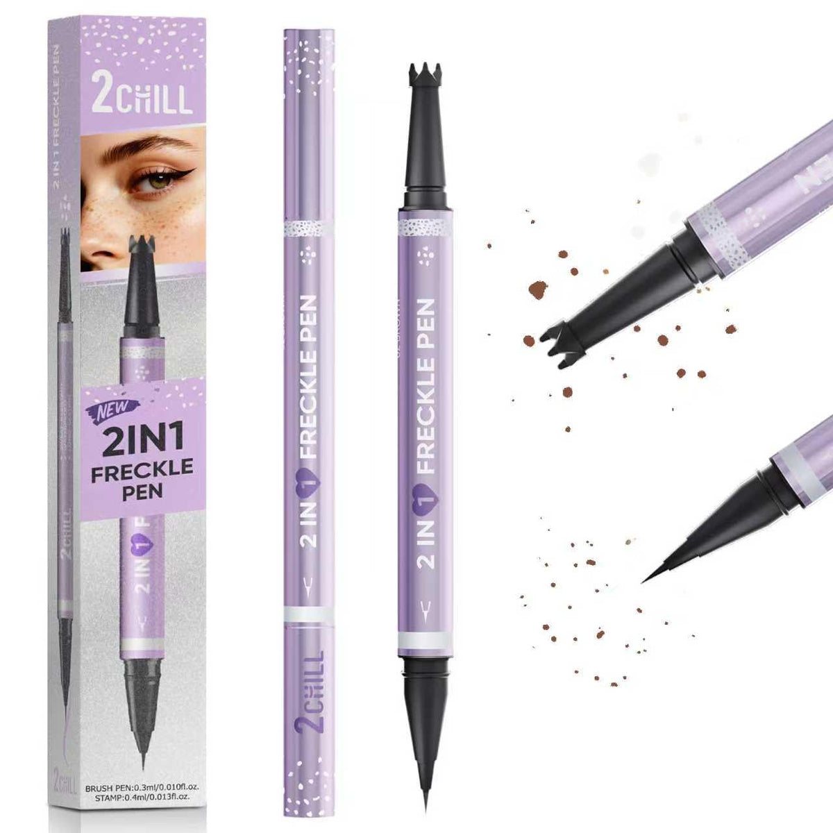 2CHILL stylo-double-action: démonstration d'application rapide de taches de rousseur naturelles
