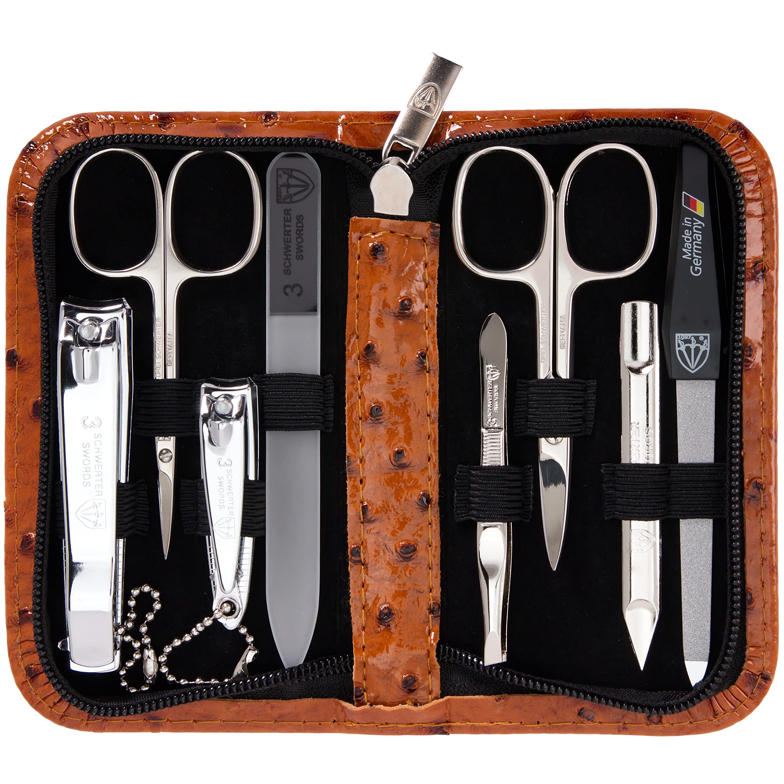 3 Swords Germany coffret manucure en cuir ostrich cognac, pratique en voyage