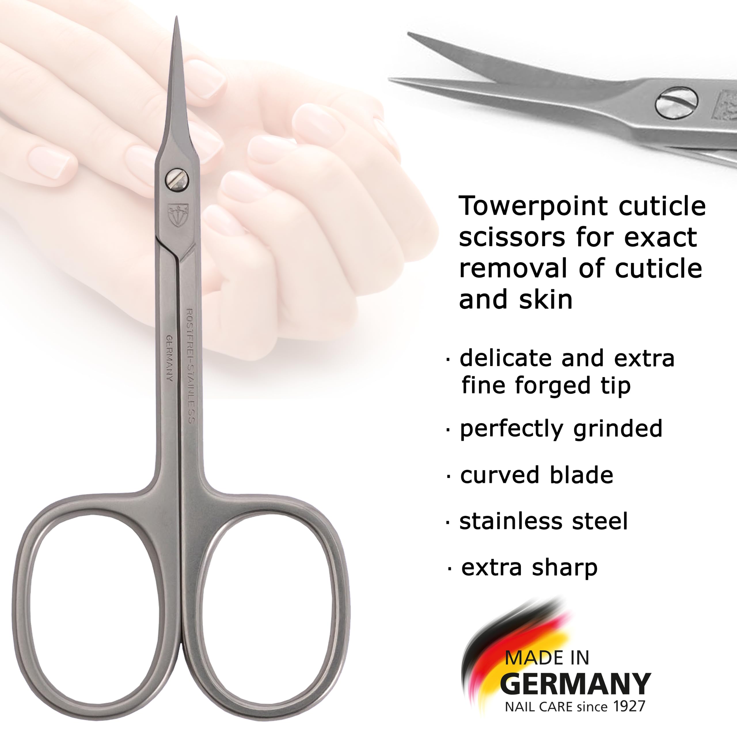3 Swords Germany towerpoint tip reaches tight spaces for careful cuticle work.