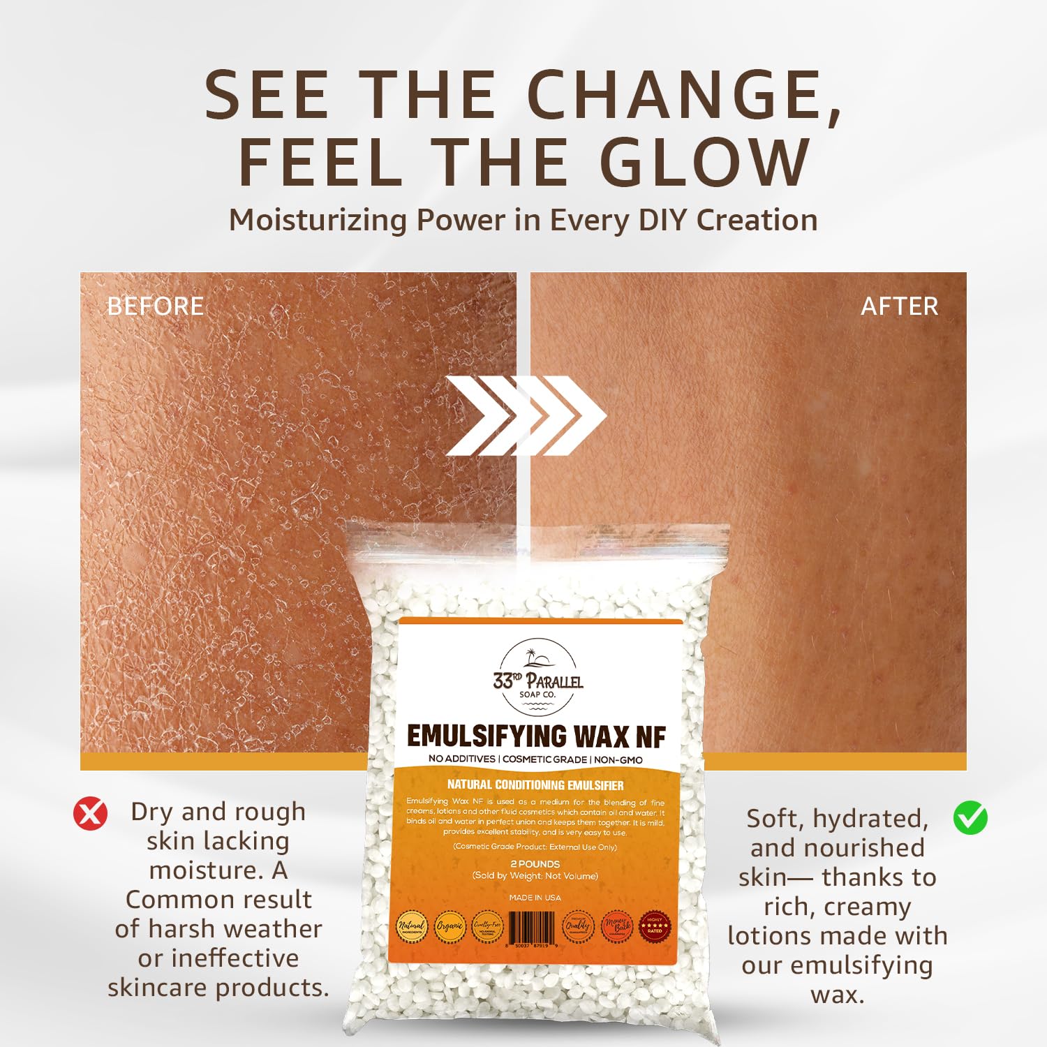 Pastilles émulsifiant wax NF pour soin peau, texture veloutée et absorbante.
