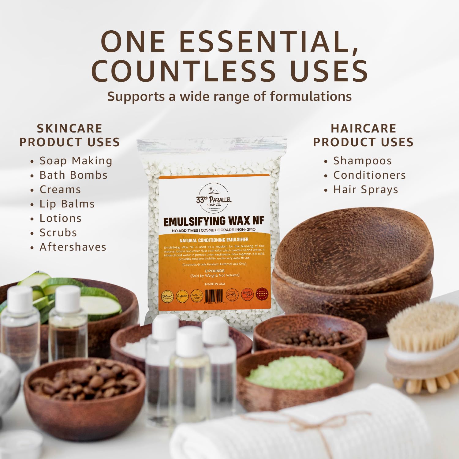 Pastilles émulsifiant wax NF, texture crème douce, idéale pour des formules soyeuses.