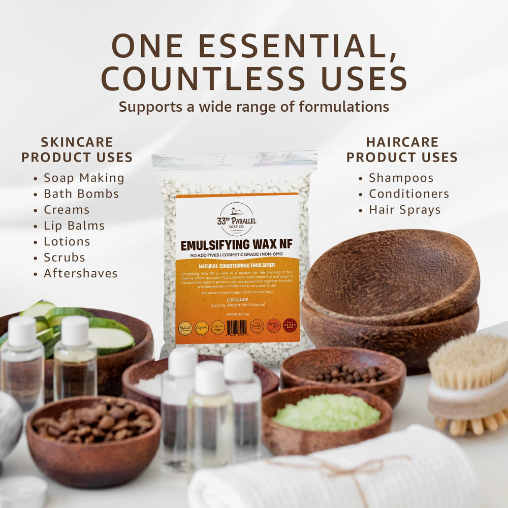 Pastilles émulsifiant wax NF, texture crème douce, idéale pour des formules soyeuses.