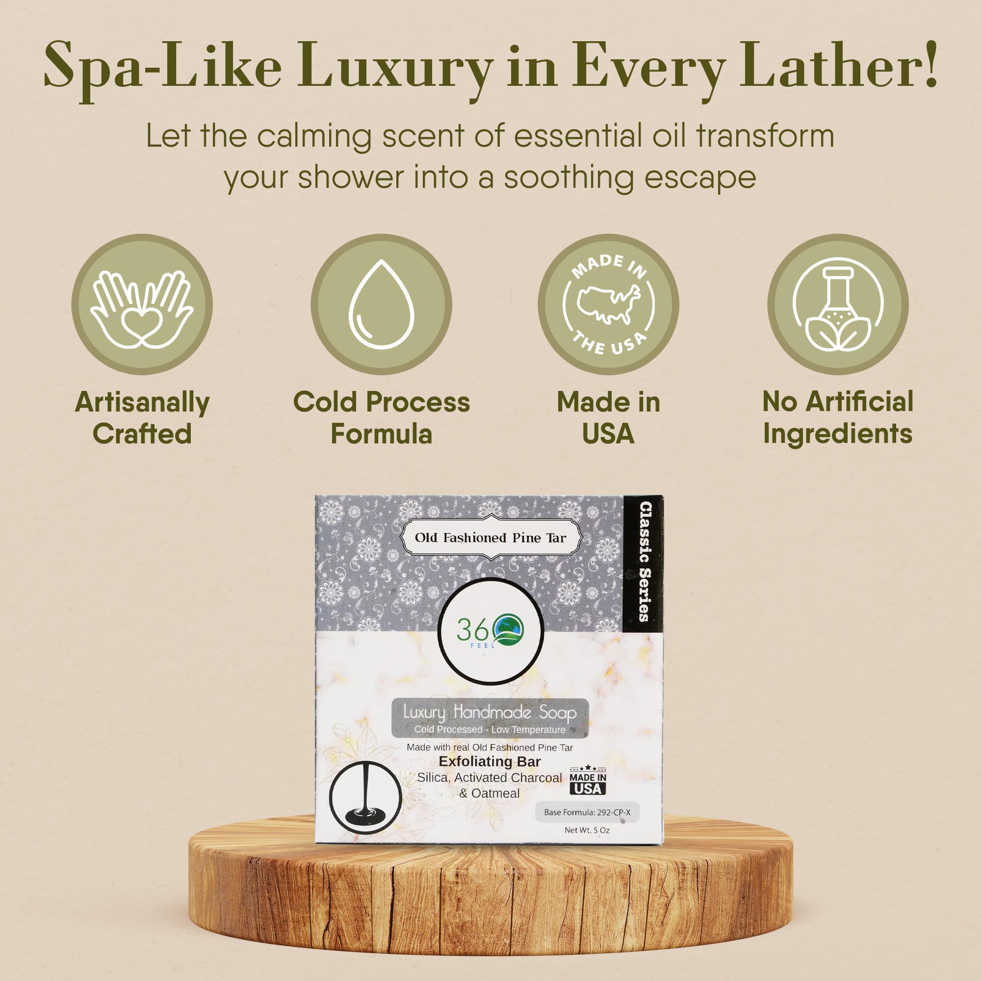 Texture crèmeuse et mousse dense du savon Pine Tar 360Feel prête à l’emploi.