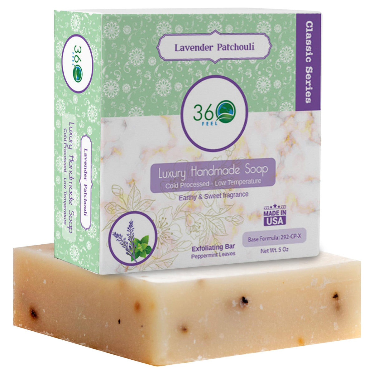 Savon 360Feel Lavande Patchouli, barre castille crèmeuse pour une peau hydratée et douce.
