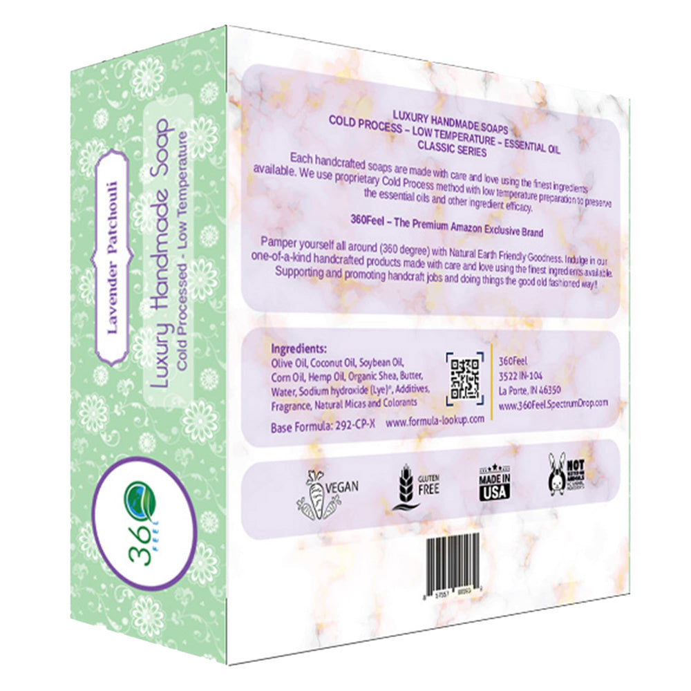 Savon 360Feel Lavande Patchouli, ingrédients nourrissants apportant hydratation en profondeur.