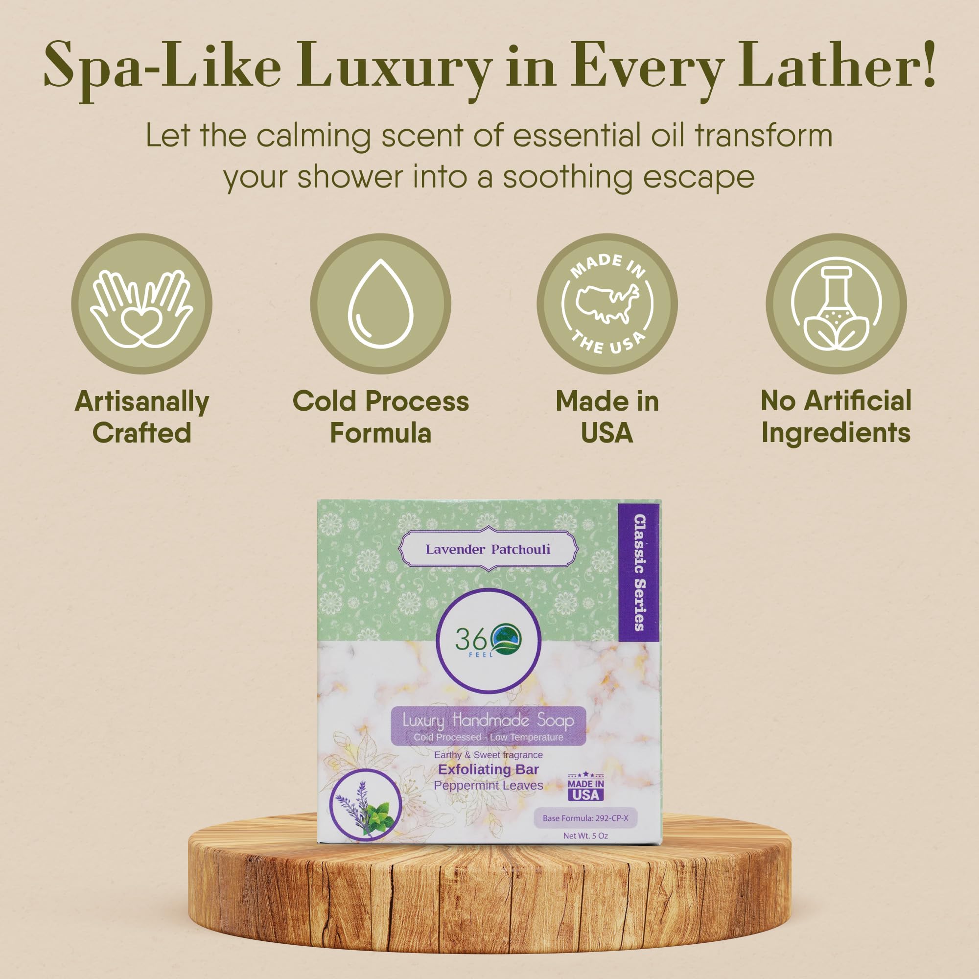 Savon 360Feel Lavande Patchouli, sans SLS ni parabènes pour une routine douce.