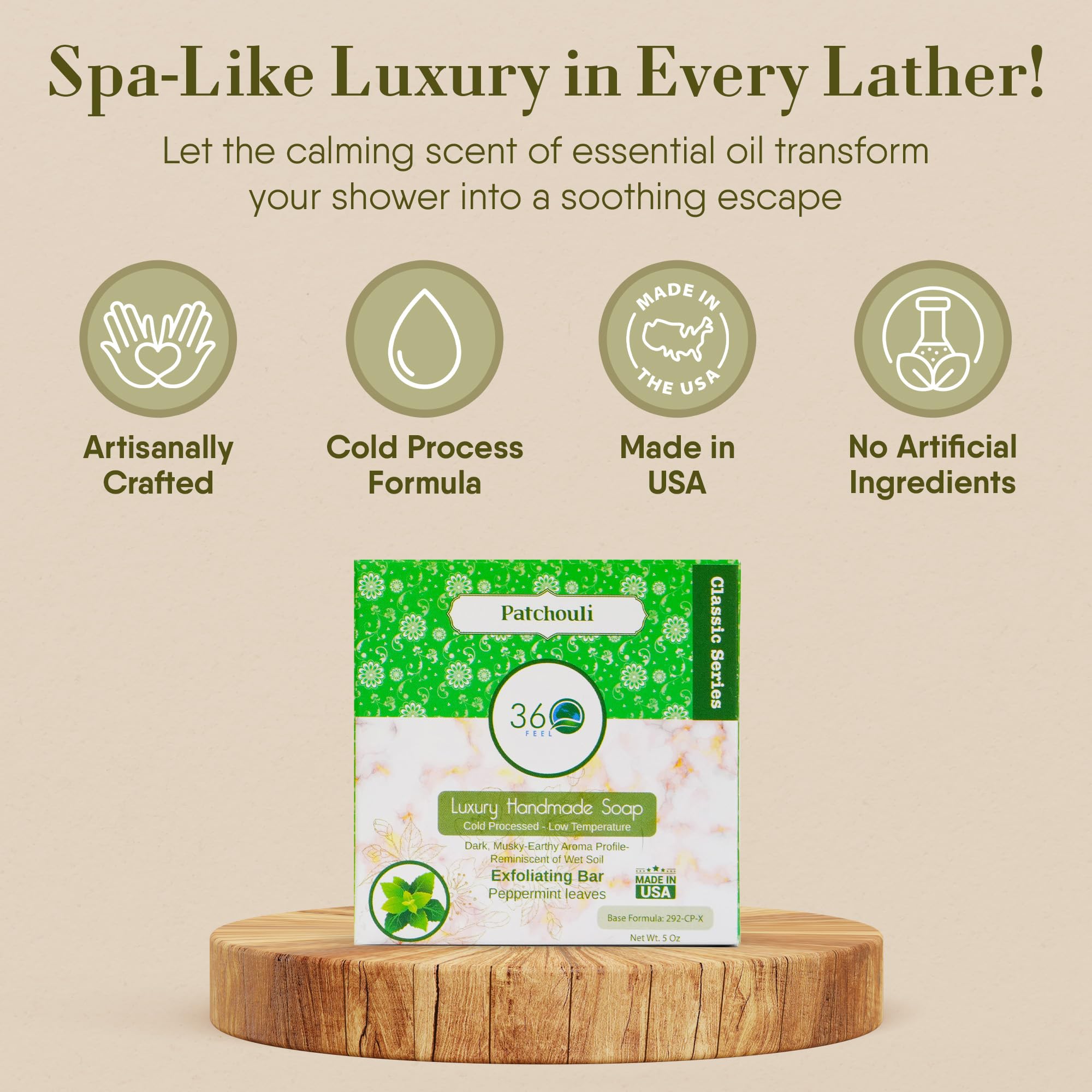 360Feel Savon Patchouli, ingrédients nourrissants pour peau douce et hydratée.