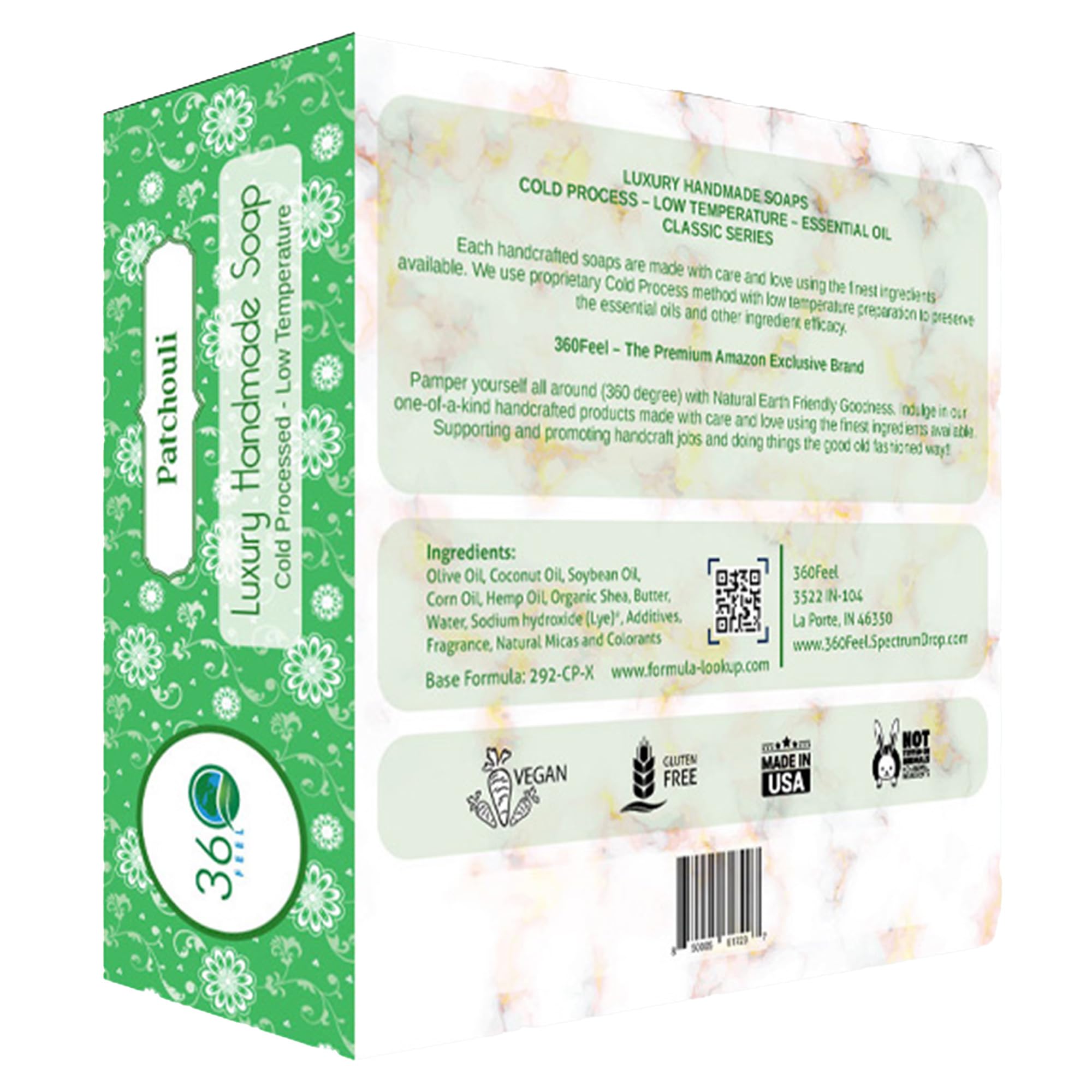 360Feel Savon Patchouli, mousse crémeuse idéale pour hydrater la peau en douceur.