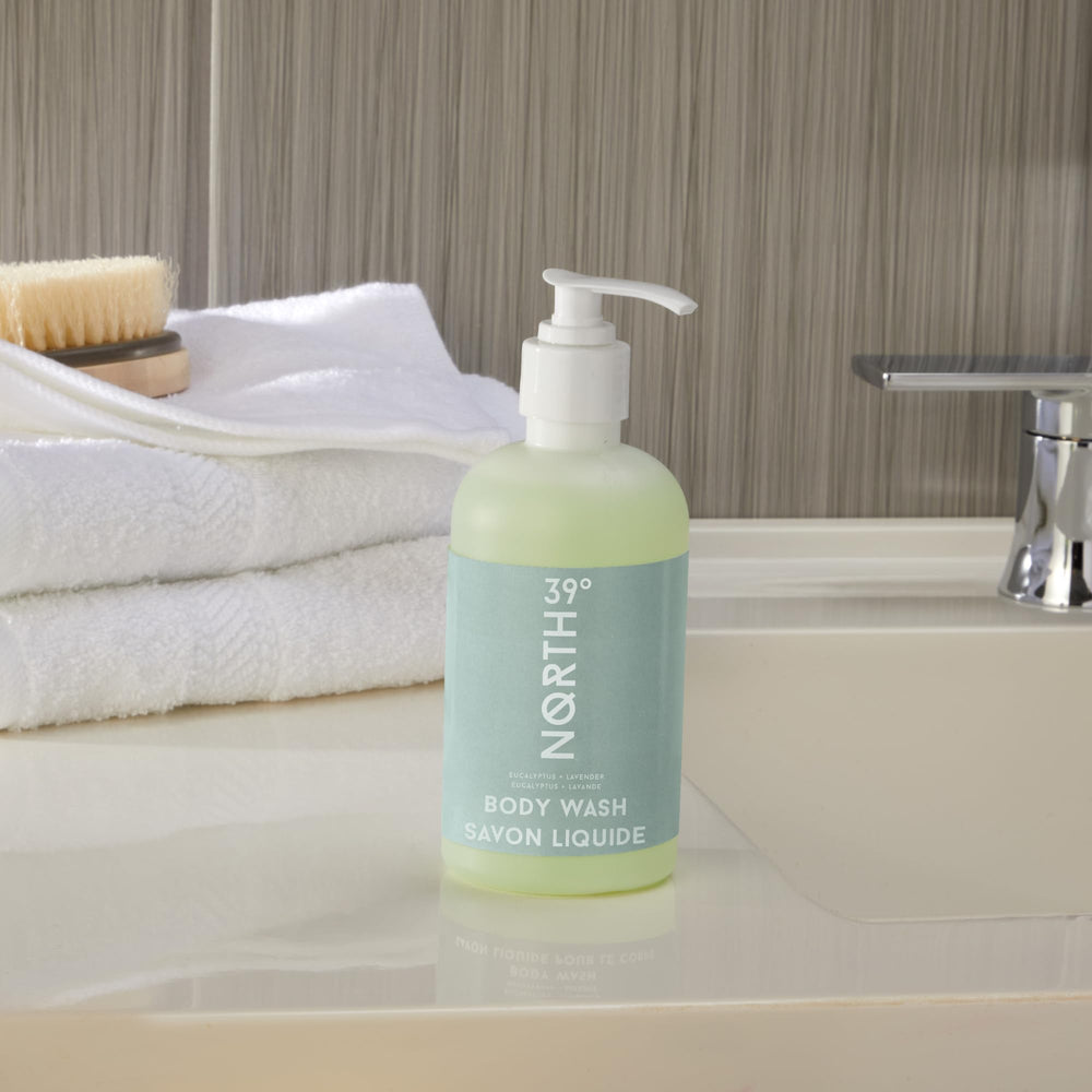 Gel douche 39° North, etiquette hôtel, soin premium