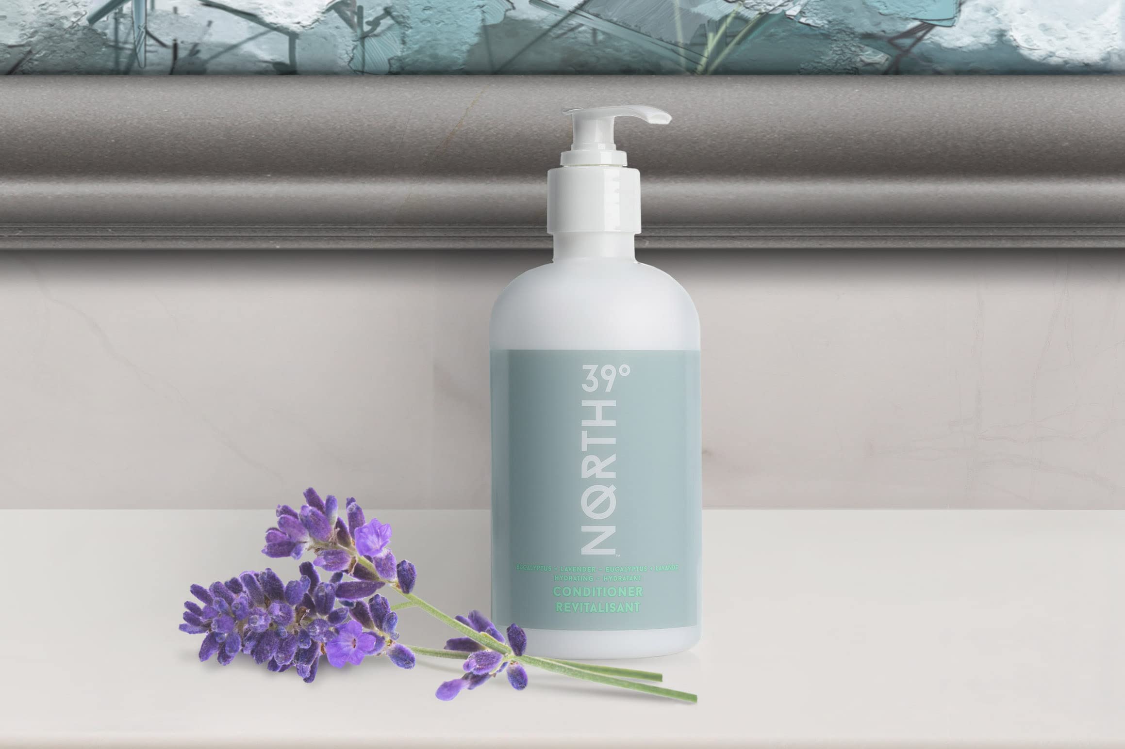Close-up of 39° North conditioner label emphasizes eucalyptus and lavender scent for spa vibes.