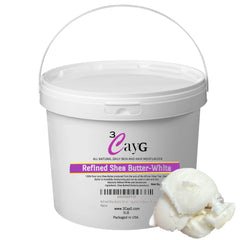 Beurre de karité blanc raffiné 3cayg en seau 5 lb, base neutre pour cosmétiques.