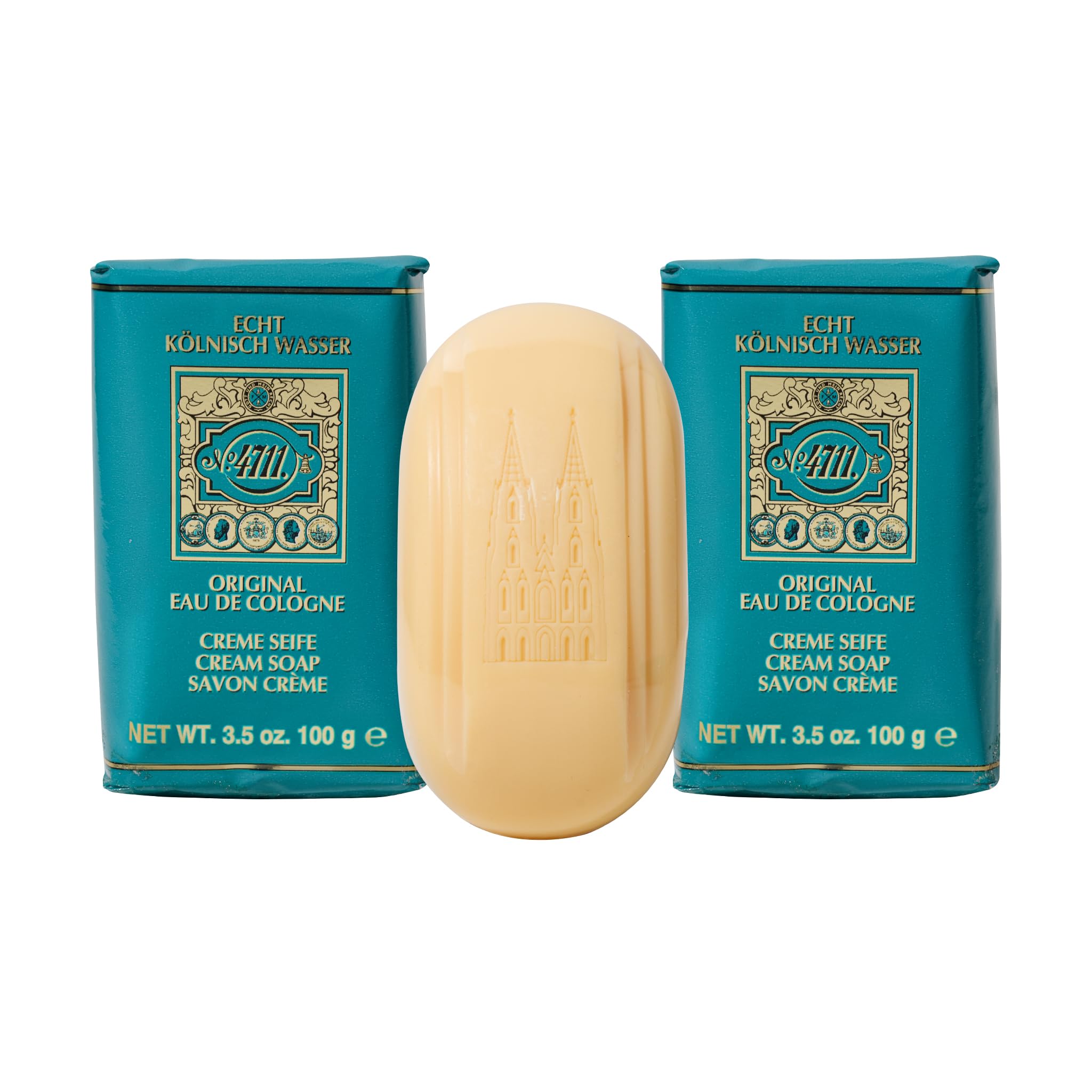 Savon crème 4711 Muelhens en boîte de 3, présentation élégante et parfum fruité.