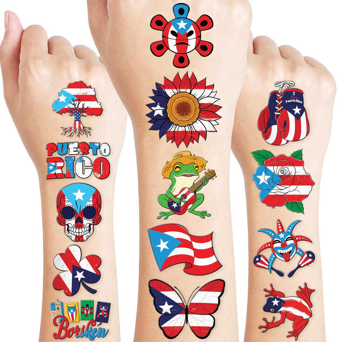 Tatouages 91TATTOOS Puerto Rico pre-coupés, designs variés pour fêtes colorées et application facile.
