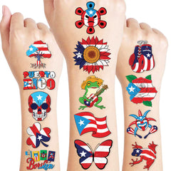 Tatouages 91TATTOOS Puerto Rico pre-coupés, designs variés pour fêtes colorées et application facile.