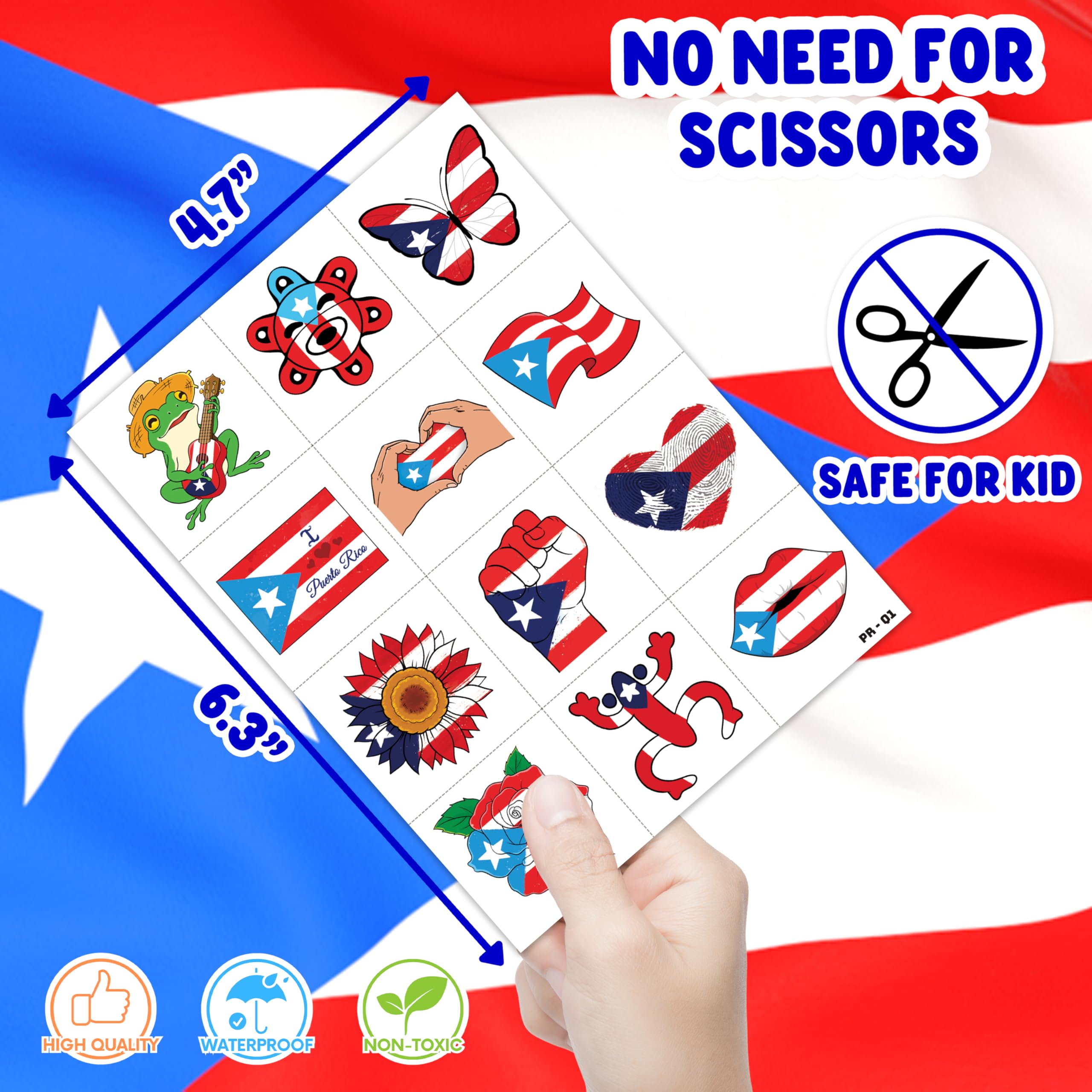 Tatouages 91TATTOOS Puerto Rico pre-coupés, application simple pour enfants et adultes.
