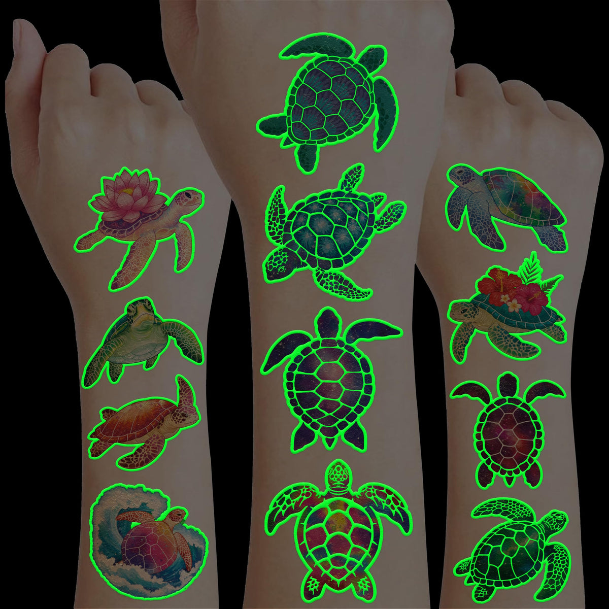 Tatouage tortue 91TATTOOS qui brille dans le noir, idéal pour anniversaires.