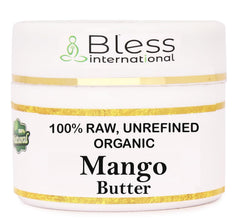 Beurre de mangue Bless International, emballage élégant, hydratation naturelle visage.