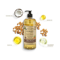 A LA MAISON bottle pouring creamy lather for a soothing shower.