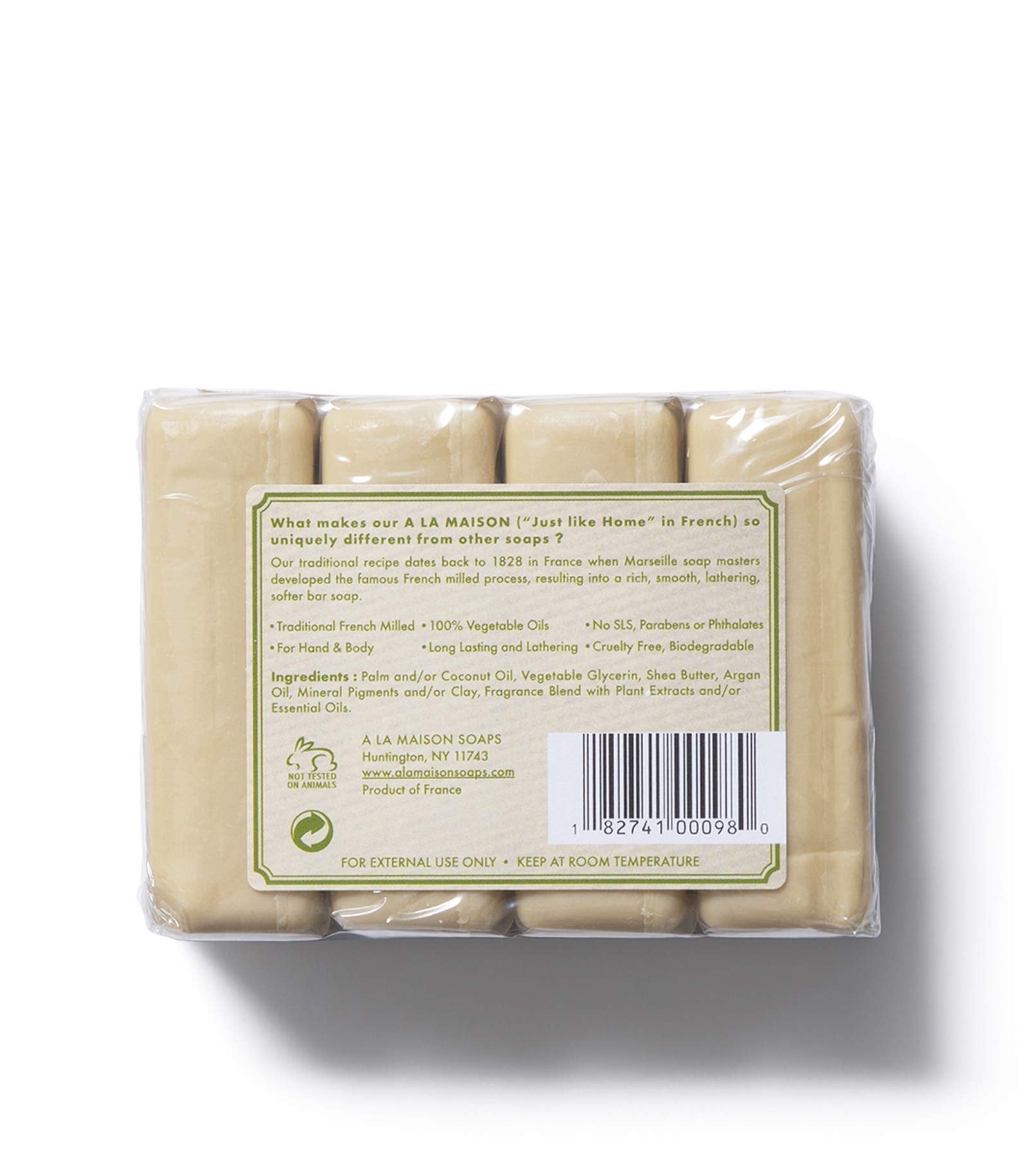 A LA MAISON Rosemary Mint Bar Soap, emballage et 4 barres montrés pour un ensemble pratique.