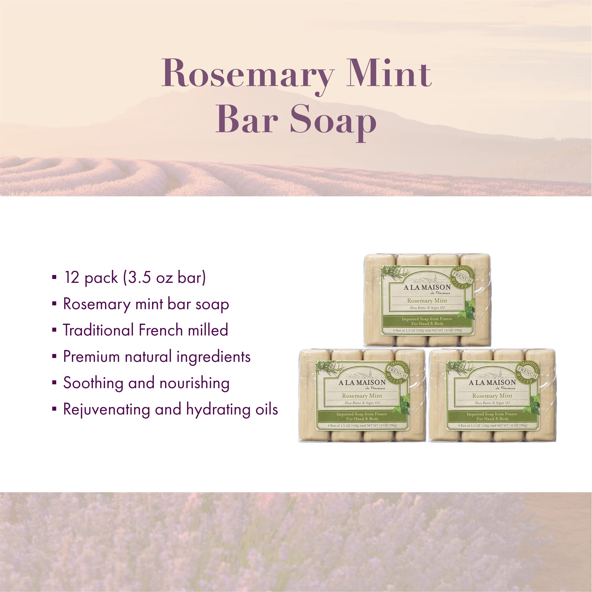 A LA MAISON Rosemary Mint Bar Soap, gros-plan sur la texture et la senteur rafraîchissante pour la peau.