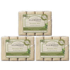 A LA MAISON Rosemary Mint Bar Soap, photo-ensemble montrant l'emballage et les barres pour usage quotidien.