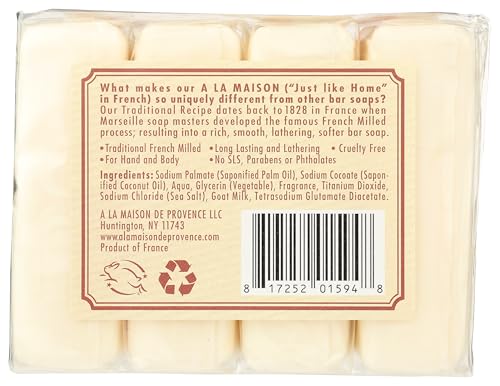 A LA MAISON savon lait chèvre, moulage triple français, douceur durable.