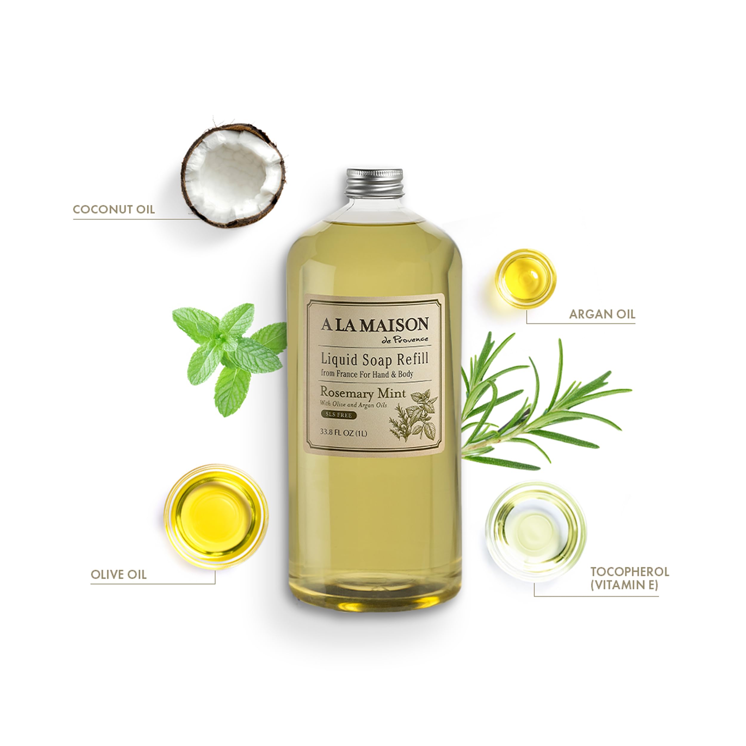 A LA MAISON - étiquette savon mains menthe romarin en gros plan, parfum rafraîchissant.