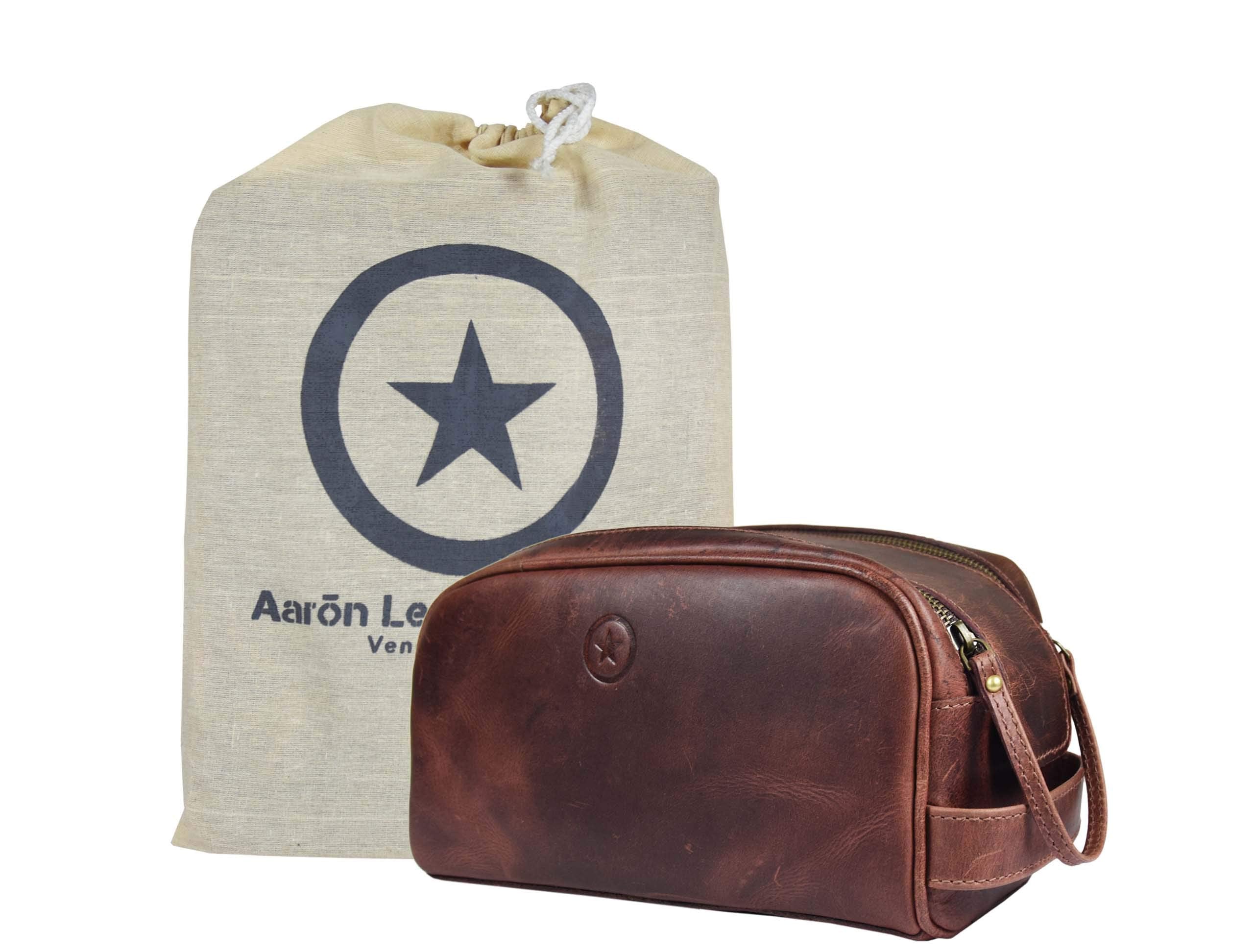 Aaron Leather Vendimia Estilo: trousse en cuir marron foncé ouverte, rangement pratique pour voyage.