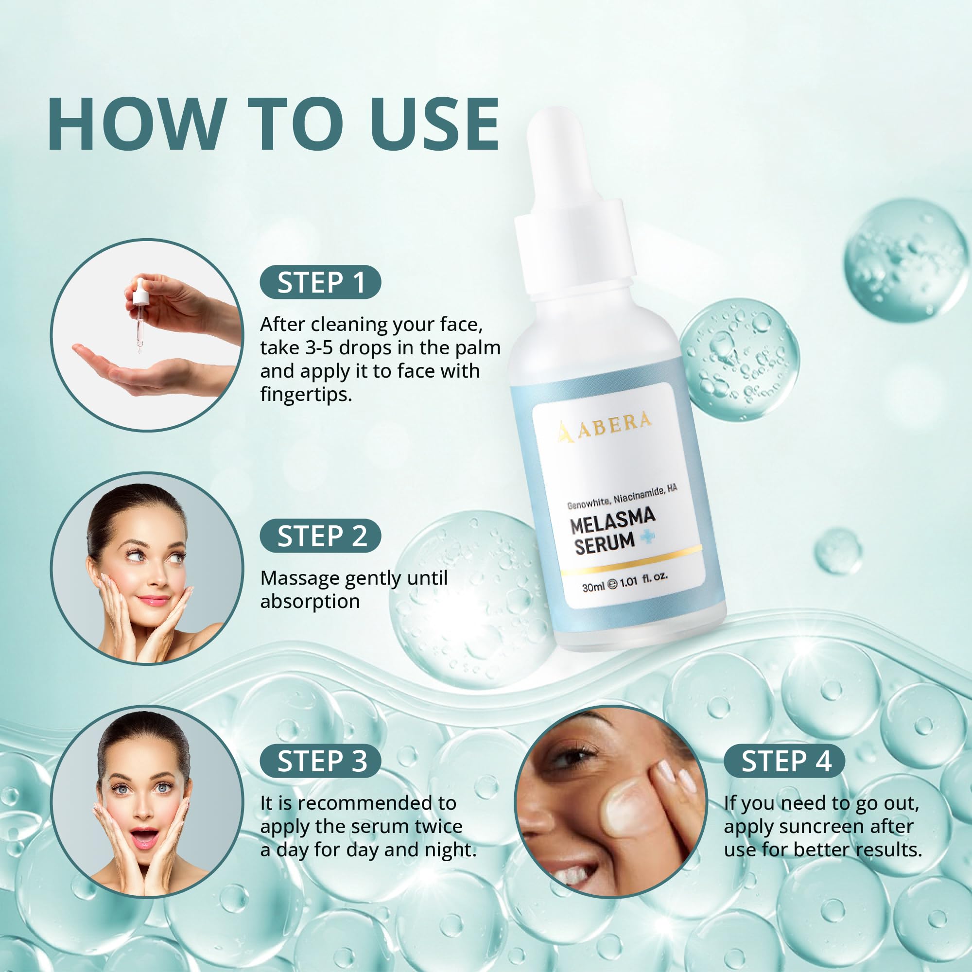 Ingrédients Genowhite et Acide Hyaluronique dans ABERA Melasma Serum Plus.