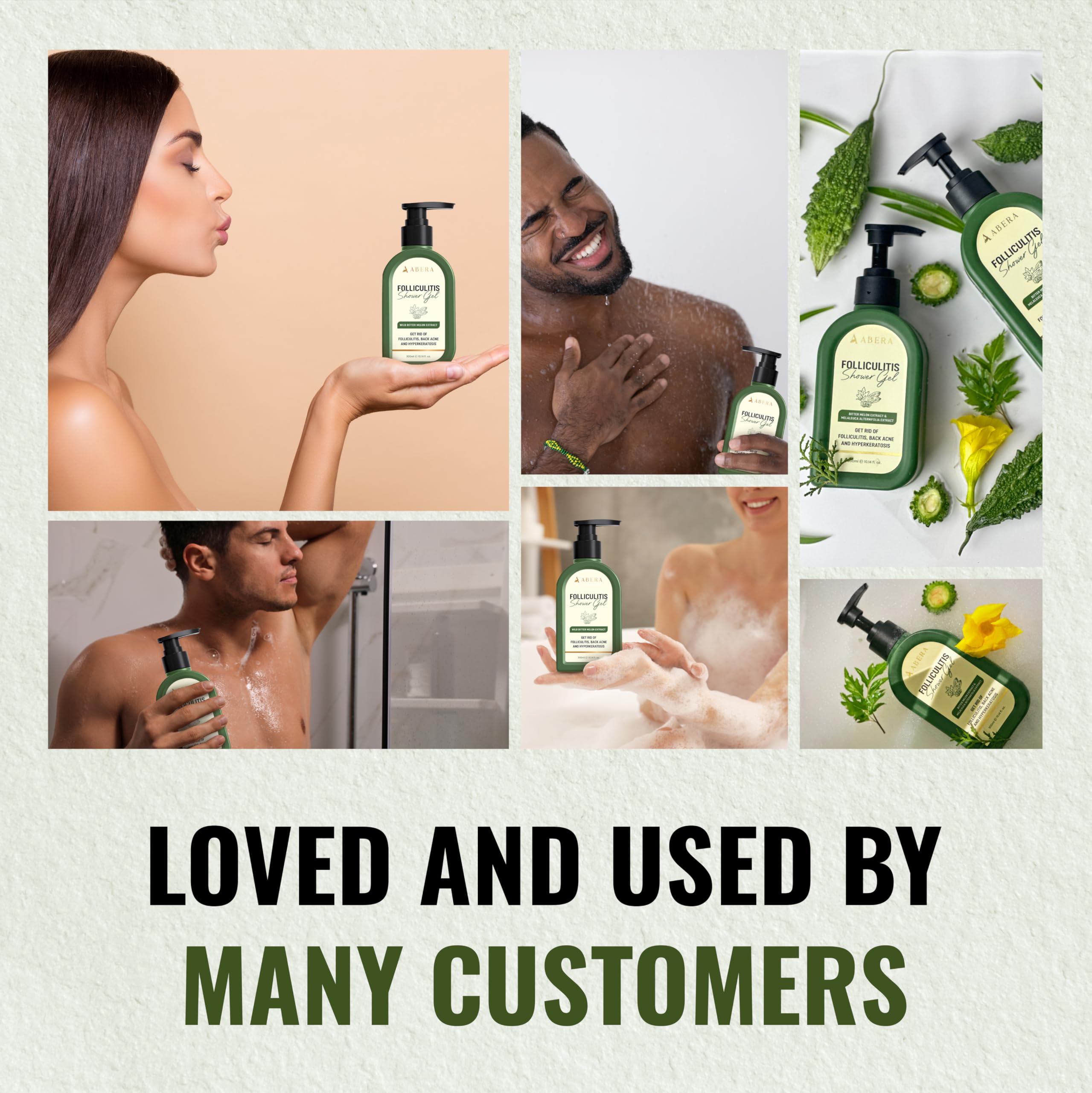 ABERA utilisation quotidienne — gel douche facile à rincer.