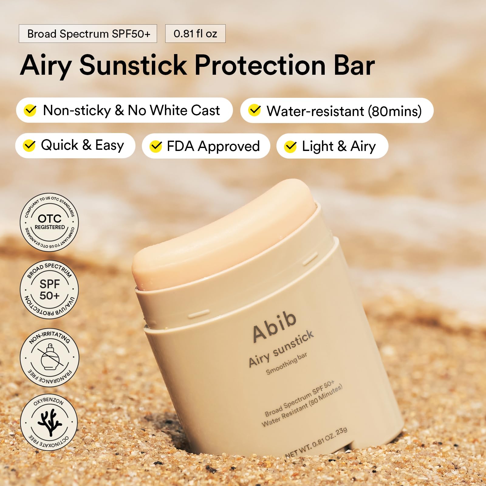 Abib Airy Sunstick demonstrates a transparent formula suitable for all skin tones.