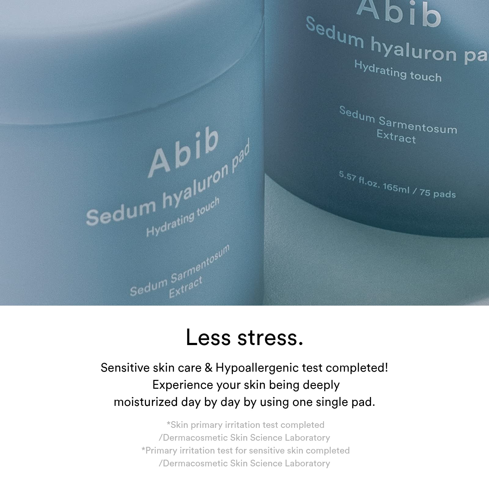 Abib Sedum Hyaluron Pad Hydrating Touch pack shows 75 pads for routine use.
