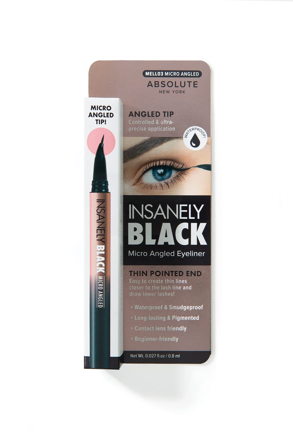 Absolute New York Eyeliner liquide noir, bec micro-angle pour un trait précis près des cils.