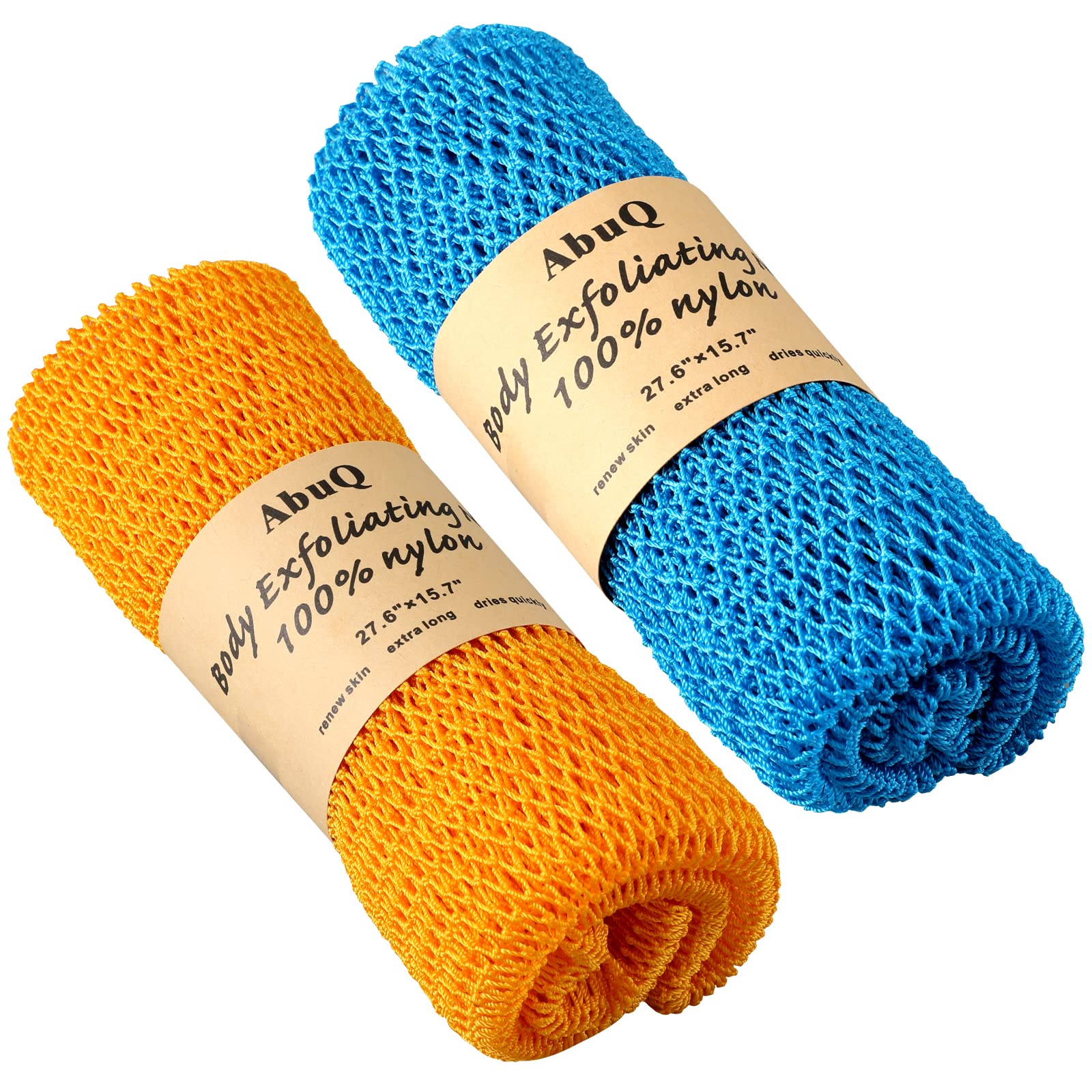 Éponge filet africain AbuQ bleu et orange pour exfolier en profondeur.