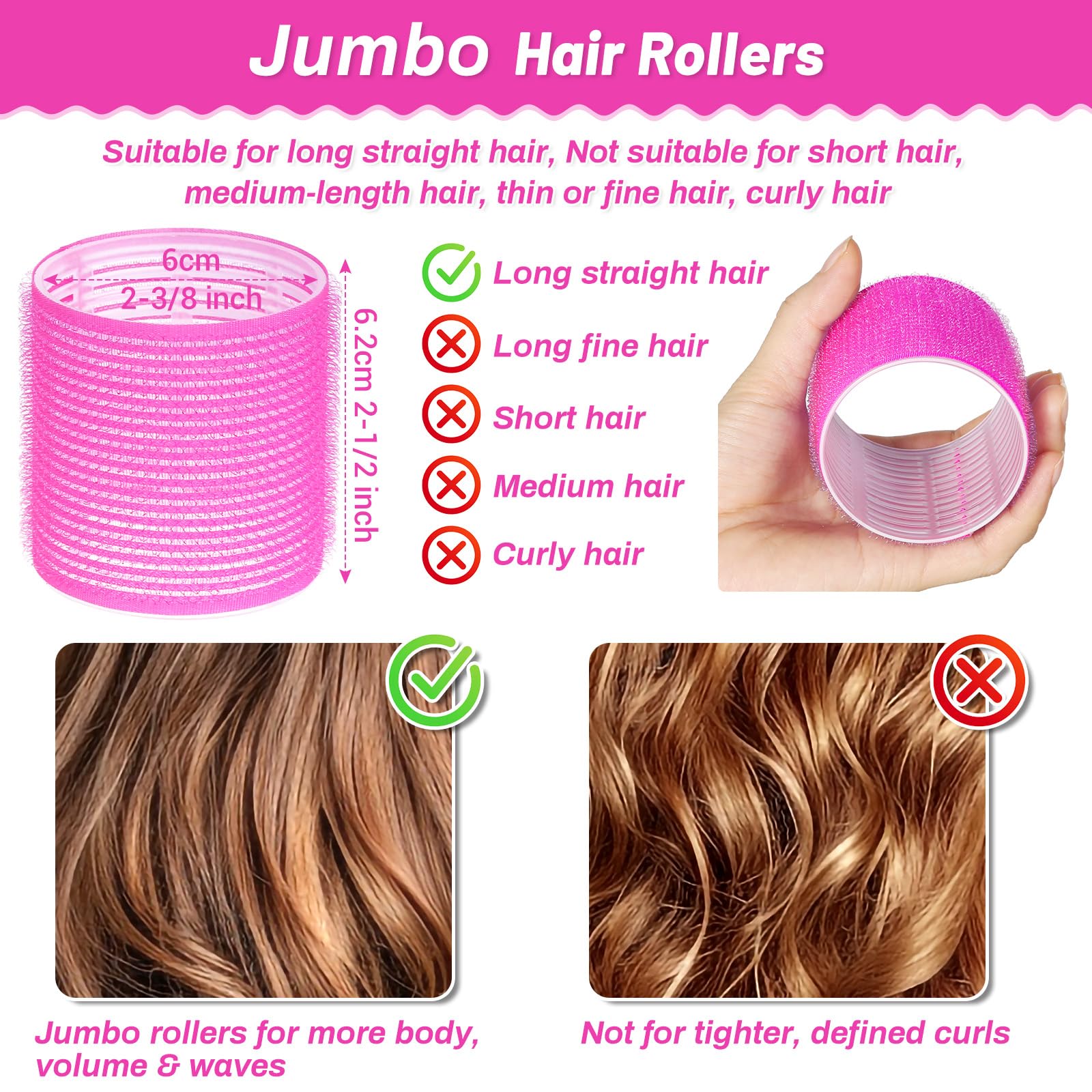 Ensemble Acejoz de 12 rouleaux rose pour boucles volumineuses.