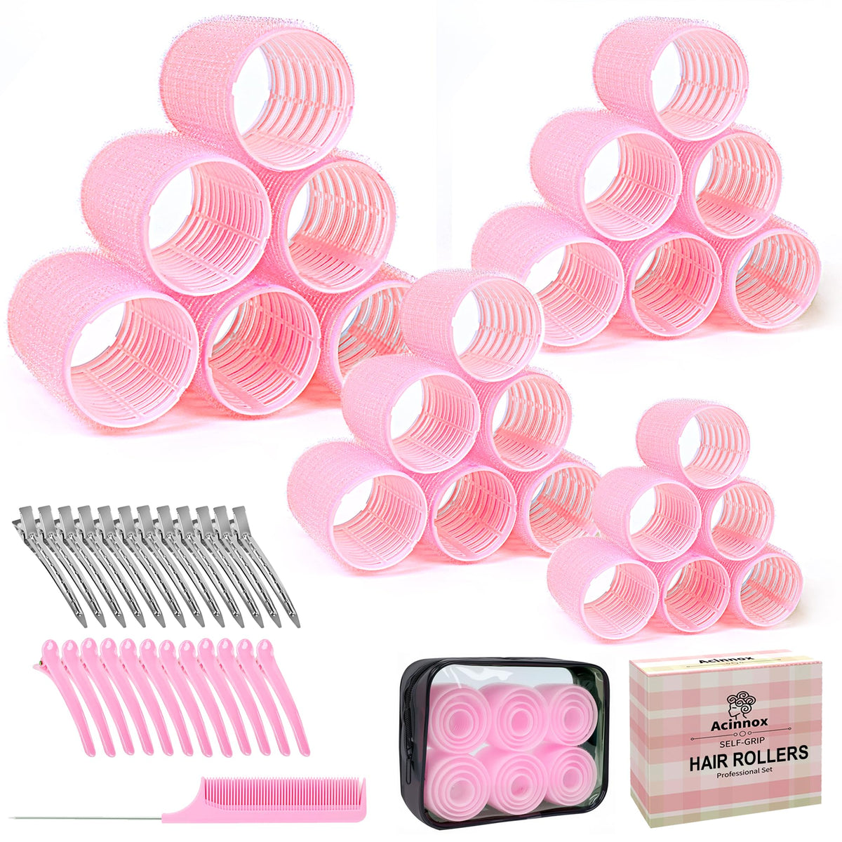 Acinnox ensemble de rouleaux auto-grippants 4 tailles pour coiffure sans chaleur.