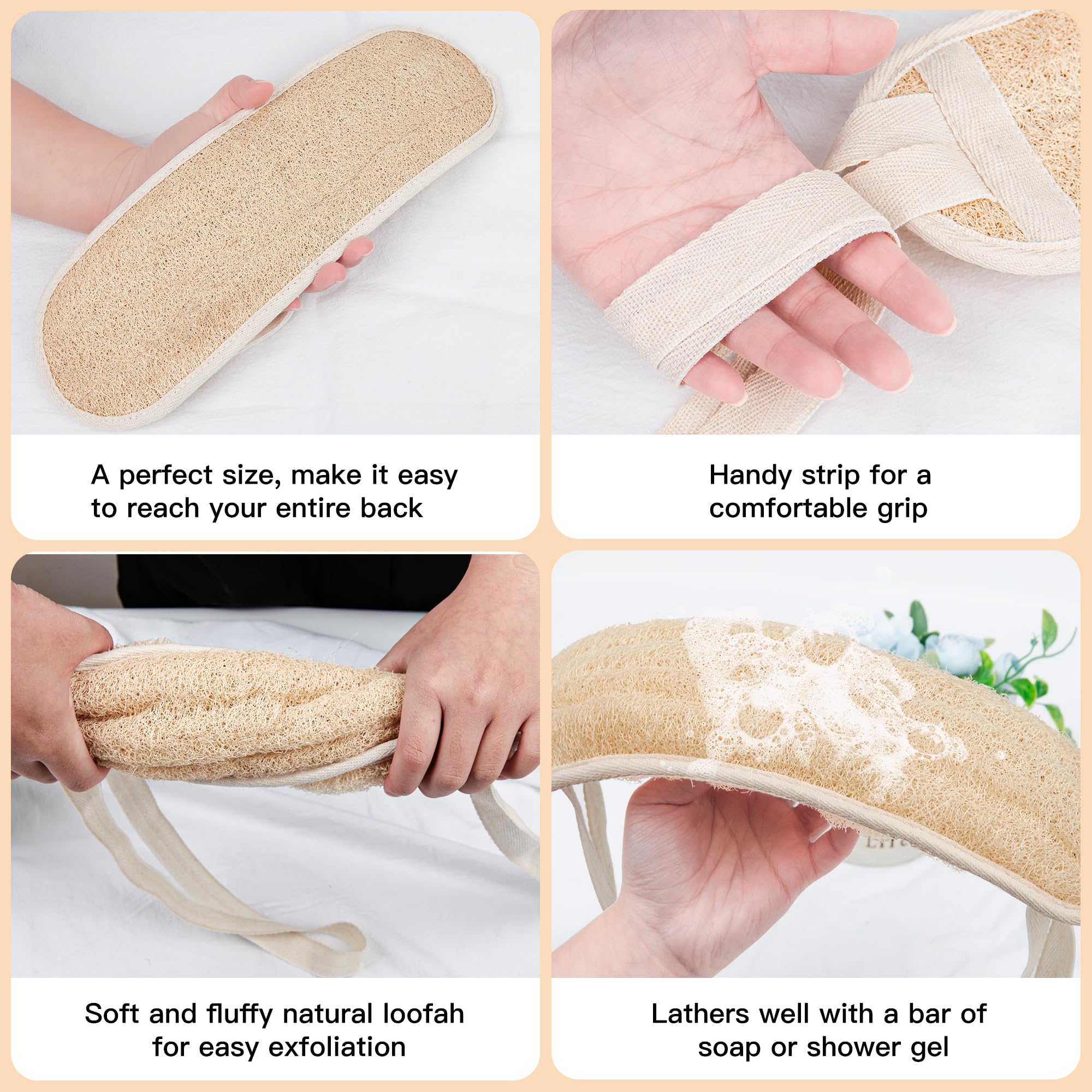 Acolidas Luffa dos-douche avec Poignée en coton, nettoyage facilité des zones difficiles.