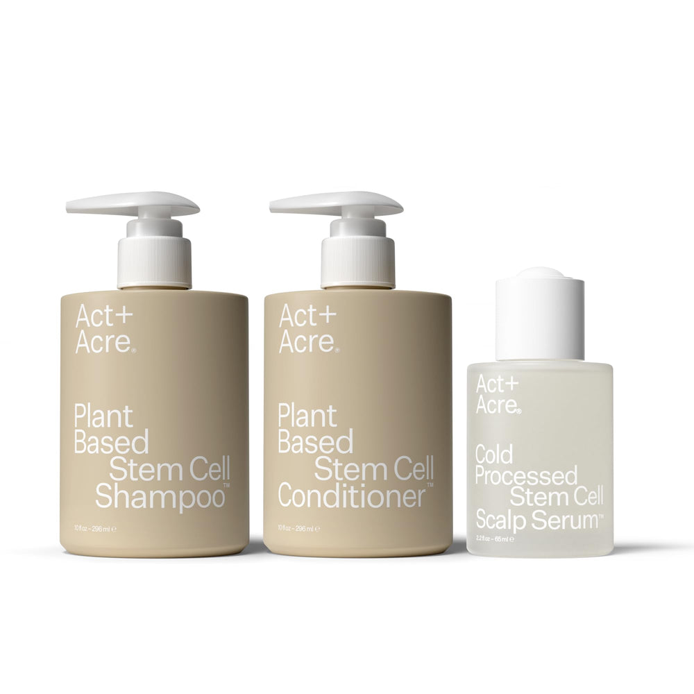 Act+Acre shampooing cellules souches, purifie cuir chevelu et densifie les longueurs.