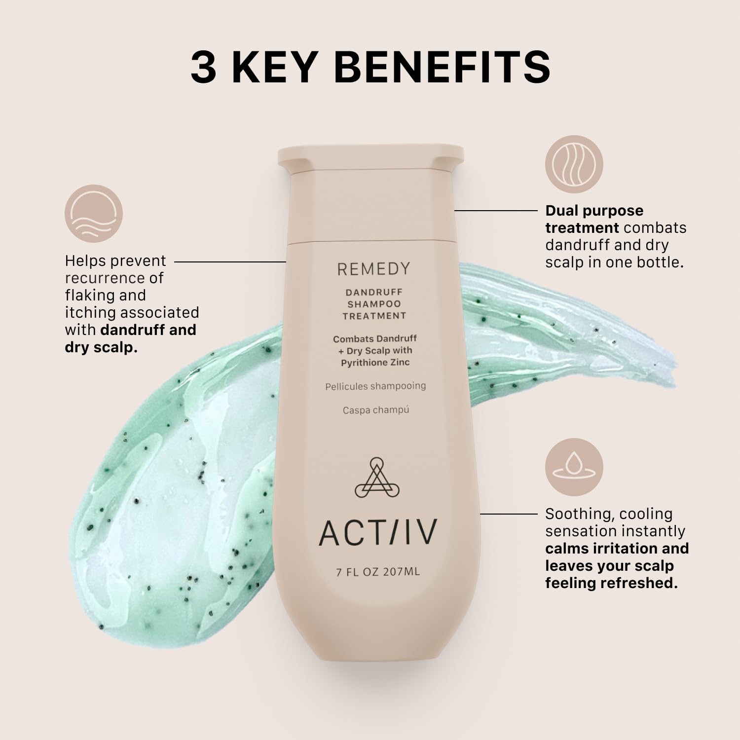 ACTIIV Remedy Shampoing — mousse généreuse élimine les pellicules et apaise le cuir chevelu.
