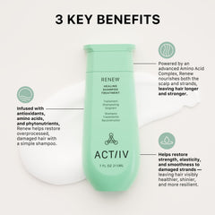 ACTIIV Renew – application mains montrant une routine douce sur les longueurs.