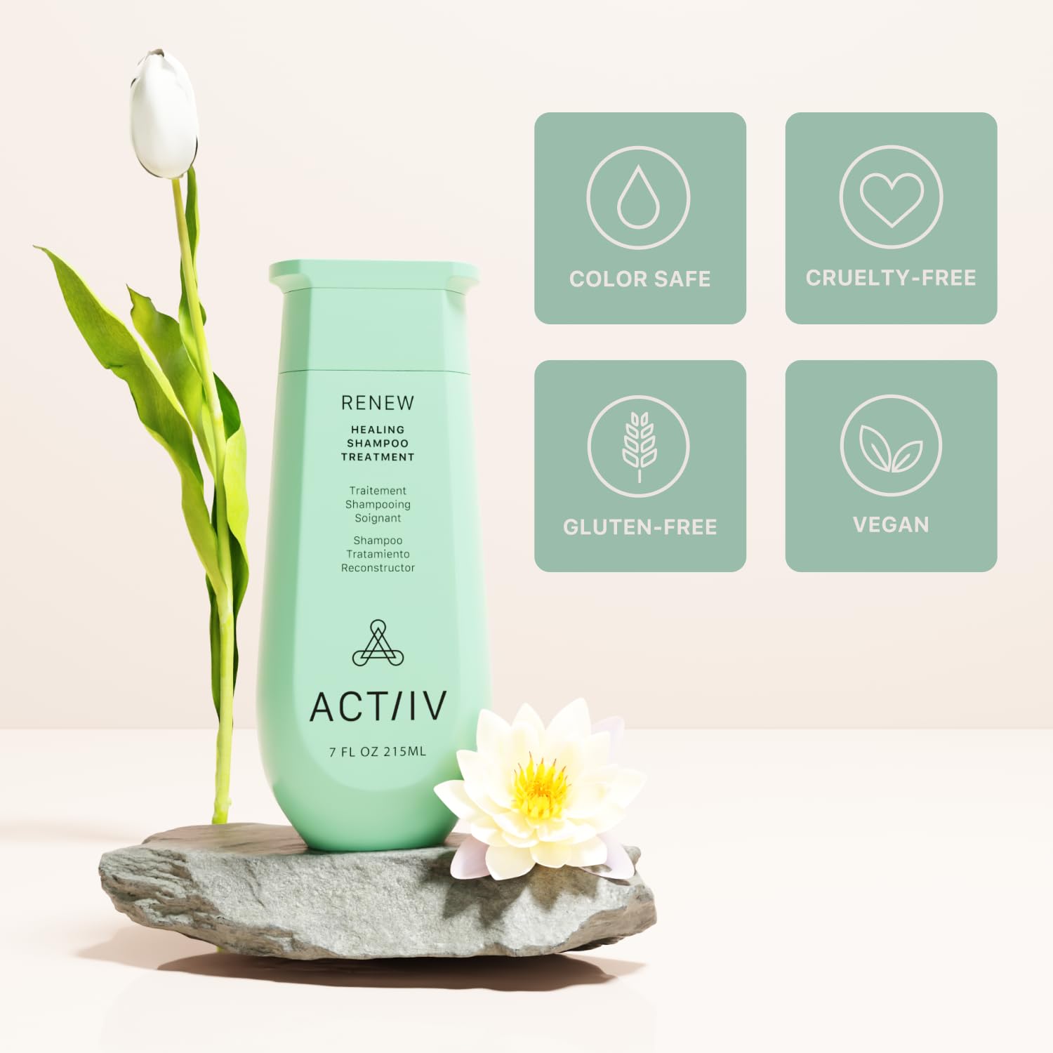 ACTIIV Renew – acides aminés, routine capillaire végan adaptée à la couleur.
